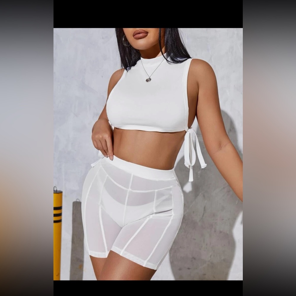 Mock Neck Knot Side Tank Top&Mesh Biker Shorts NWT